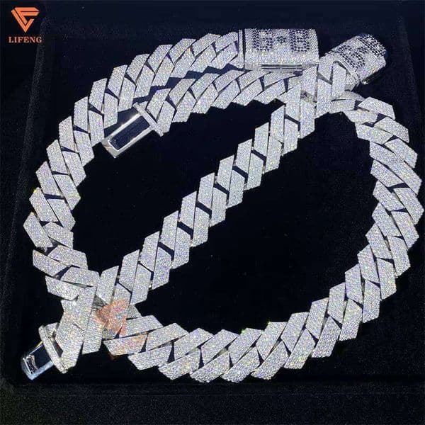 23MM Black Letters Vvs Moissanite Big Heavy Cuban Link Chain Necklaces White Rhodium Plated Sier Hip Hop Mossanite Jewelry
