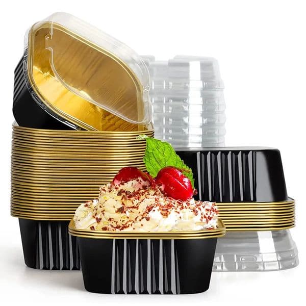 50pcs 10oz Aluminum Foil Square Ramekins Cupcake Baking Cups with Lids Disposable Cake Cups Containers Wrappers Dessert Cups 250630