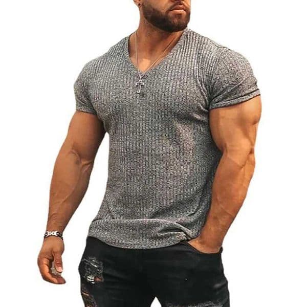 Mens V-Neck Short Sleeve T-Shirt Fitness Slim Fit Sports T-shirt Solid Fashion Striped Tees Tops Summer Knitted Gym Clothing XJ250707