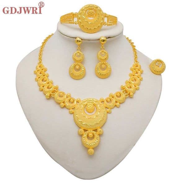 African Round Necklace Bracelets Earrings Ring Sets Nigerian Jewelry Set Ethiopian Dubai Gold Color Jewelry Set Party Gifts S2577