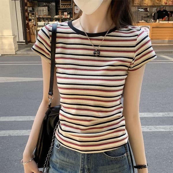 American Style Striped Regular Shoulder Short Sleeve T-Shirt For Women Summer New Slim Fit Slimming Hot Girl Base Shirt Inner Wear Top B5