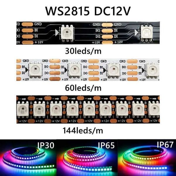 12V DC WS2815 LED Strip Light (WS2812B WS2813 updated) 5050 RGBIC Individually Addressable LED Lights 30/60/144 LEDs/m IP30 65 67 W250707