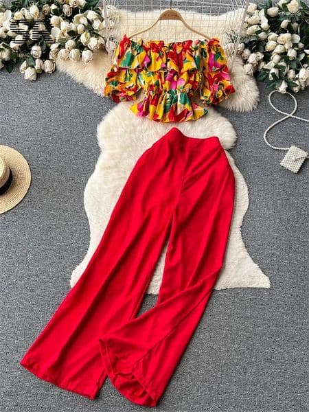 Women's Two Piece Pants SINGREINY Fashion Sets Women Ruffles Floral Print Shirt Elastic Waist Wide Leg Long Korean Slim Summer Suit