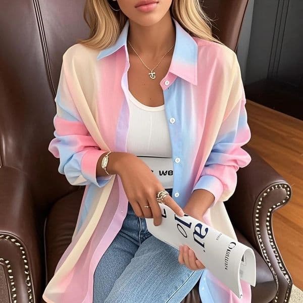 See-through Irregular Gradient Rainbow Long Sleeved Shirt And Blouses Thin For Women Clothes Loose Top Pink Casual Fashion Trend 250708