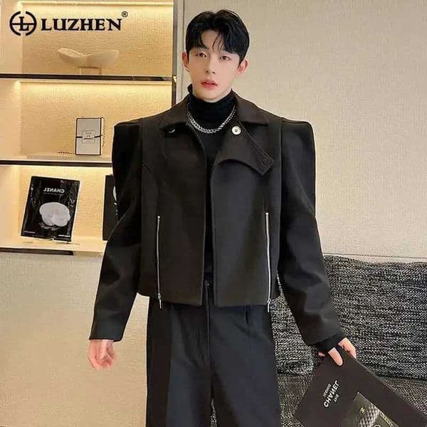 LUZHEN High Street Elegant Mens Jacket Stylish Clothes Original Design Shoulder Pad Zipper Short Woolen Coat Trendy 2025 LZ7923 Z250708