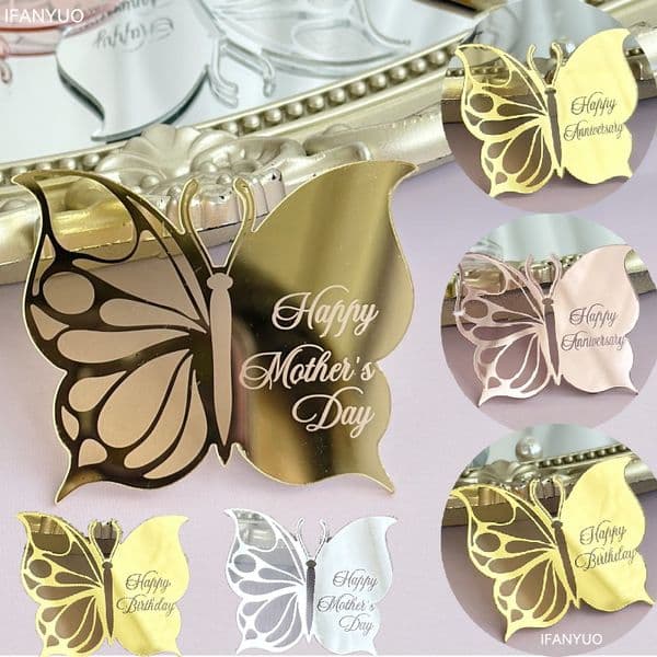 10pcs Butterfly Shape Happy Birthday Acrylic Cake Cupcake Toppers Mirror Acrylic Happy Mother's Day Anniversary Wedding Decor