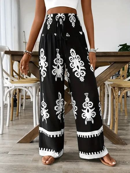 Plus Size 1XL5XL Women Fashion Floral Print Wide Leg Pants Female Casual Elegant Drawstring High Waisted Loose Long Trousers 250628