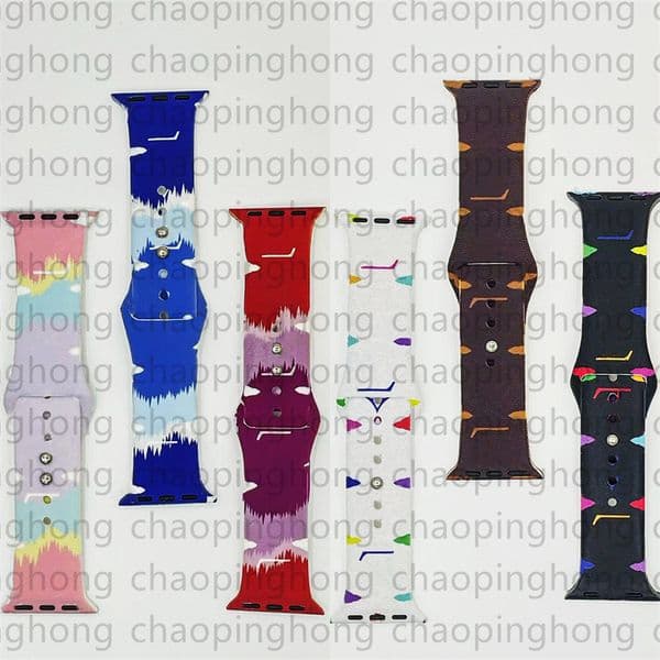 Designer Silicone Apple Watch Band 38 40 41 42 44 45 46 49 mm Fashion Letter Flower Watchs Strap Wristband For Iwatch 10 9 8 7 6 5 SE Bands Luxury Colorful Fowers Watchbands