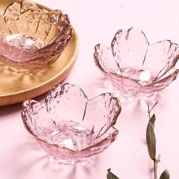 Exquisite Gold Inlay Glass Sakura Disc Nordic Style Small Sauce Bowl Japanese Flower Candle Holder Ice Cream