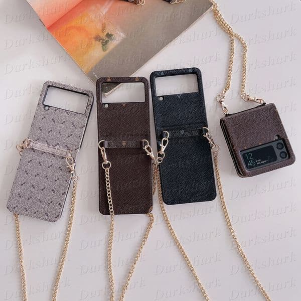 Top Designer Phone Case for Samsung Z Flip 7 6 5 4 3 Protection Fold Shell Flip5 Flip4 Flip3 Luxury Flower Leather Print Cover Shockproof Anti-skid Shoulder Chain Strap