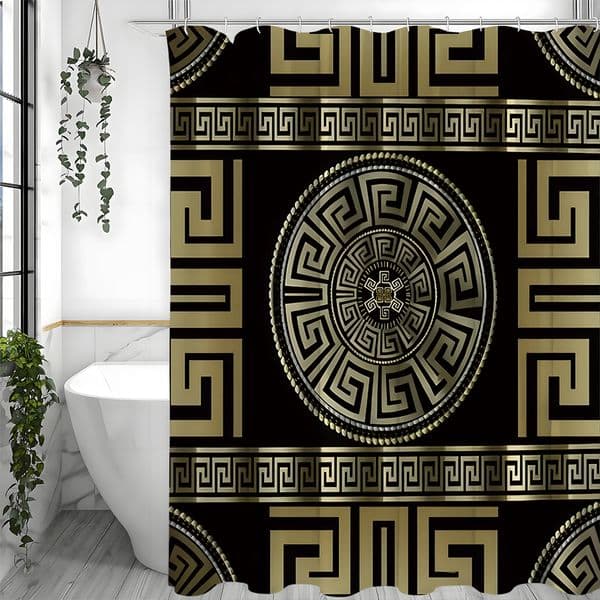 Vintage Black and Gold Greek Return Meander Shower Curtain, Bathroom Decorative Shower Curtain, Waterproof Shower Curtain with H