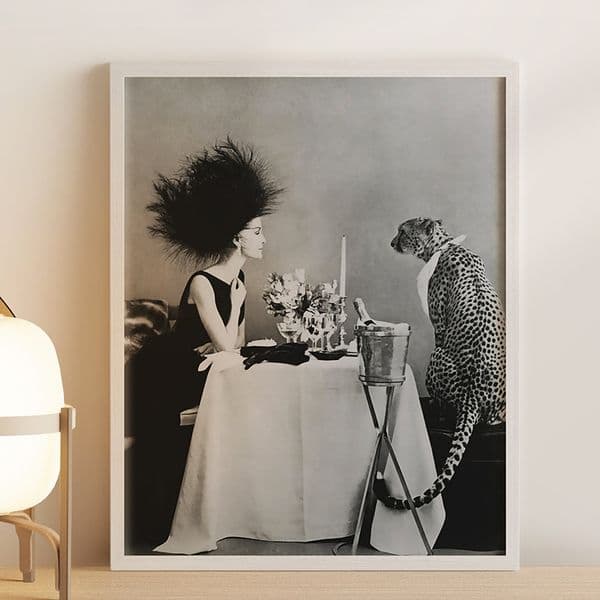 Woman with A Cheetah Fashion Poster Model Photography Black and White Wall Art Picture Canvas Print Bedroom Home Decor Painting