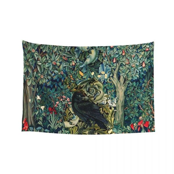 GREENERY, FOREST ANIMALS ,RAVEN ON ACANTHUS LEAVES Blue Green Floral Tapestry Decoration For Home Tapestry