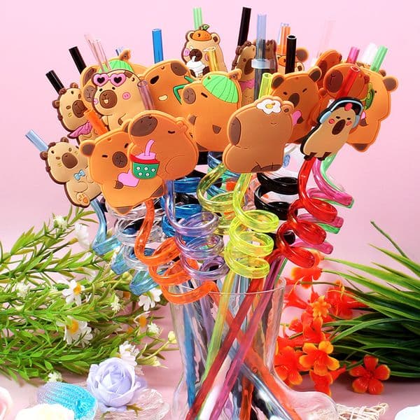12pcs Cartoon Capybara Reusable Straws Durable PET Plastic, Fun Animal Designs for Kids Parties, Birthdays, Home Decor Supplies