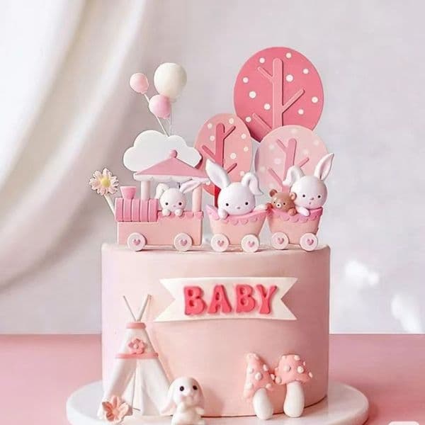 Cute Pink Train Rabbit Cake Decoration Ornament Creative Girl Birthday Party Dessert Table Baking Decoration Plugin