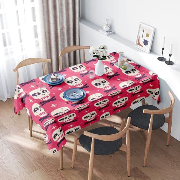 Halloween Skull Print Tablecloth Decor for Dining Room or Kitchen Party Supplies Plastic Waterproof Red Plaid Tablecloth Set Hom