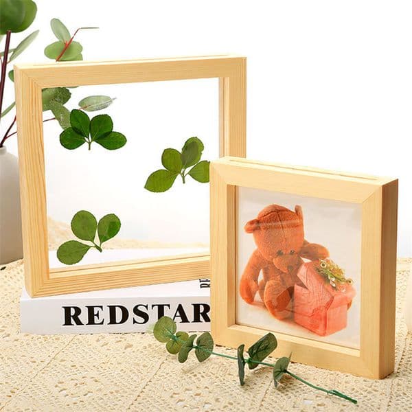 1PC Wood Photo Frame Double-sided Glass Photo Frame Home Decoration Crafts Sawdust Photo Frame Home Craft Desktop Decoration