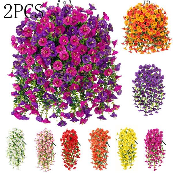 2PCS Artificial Flowers Silk Morning Glory Fake Flower UV Resistant Outdoor Hanging Plants for Wedding Home Garden Decor