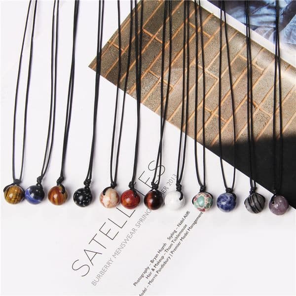 Natural Round Minerals Healing Stone Beads Pendant Necklace Jewelry For lucky Women Men Handmade Black Rope Necklace Gifts Bulk