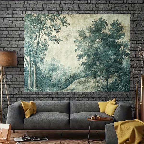 Vintage forest tapestry background, antique 19th century style, tranquil green landscape with trees and misty sky