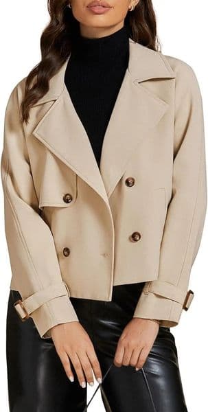 luvamia Cropped Trench Coat for Women Long Sleeve Double Breasted Notched Lapel Casual Loose Fit Jackets with Pockets Jacket 250708