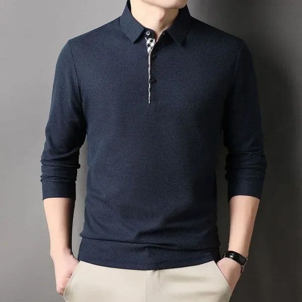 Men Long Sleeve Solid Casual Polo Shirts Spring Autumn Loose Streetwear Male Clothes splicing Lapel Plaid Business Office Tops 250707