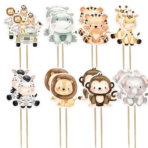 24pcs Carton Wild Animal Cake Toppers Cute Cupcake Topper For Kids Jungle Safari Birthday Party Decoration DIY Cake Supplies