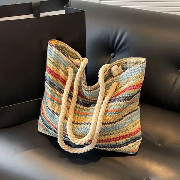 Womens Bag Fashionable Colorful Striped Straw Bag Handbag Seaside Beach Bag Womens Shoulder Bag Large Capacity Tote Bag 250708