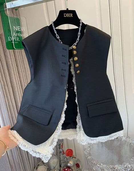 Lace Patchwork Women Vest Korean O Neck Casual Sleeveless Jackets Female Loose Waistcoat Vintage Chic Tops Clothing 250709