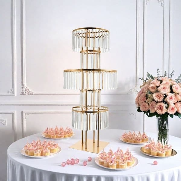 5-Tier Gold Crystal Centerpiece - LED Floral Stand with Hanging Crystals for Wedding Table, Christmas Party Decor,Metal base