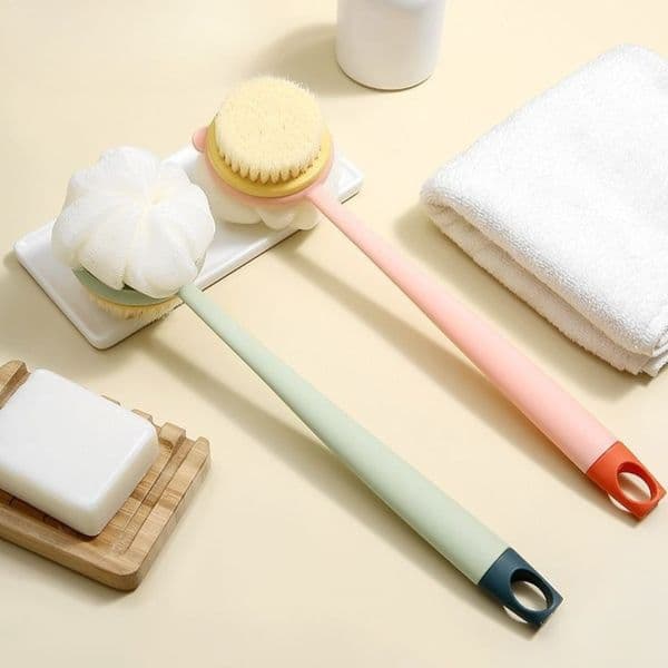 Shower Body Brush with Bristles and Loofah Back Scrubber Bath Mesh Sponge Bath Brush Long Handle Soft Fur Detachable Scrubbing