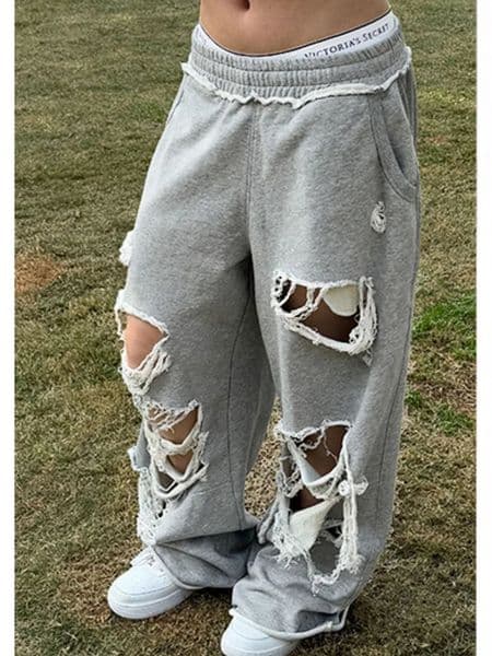 HOUZHOU Distressed Gray Baggy Joggers Women Hip Hop Style Grunge Wide Leg Holes Sweatpants Oversized Gyaru Streetwear Trousers 250708