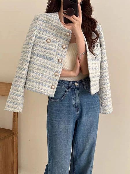 ITOOLIN Autumn Winter Women Elegant Tweed Cardigan Short Coat With Pocket Single Breasted Jacket For Women Loose Outwear 250709