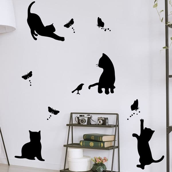 Funny Cartoon Black Cat Little Bird Butterfly Vinyl Wall Stickers Self Adhesive for Home Decoration Aesthetic Rooms Art Decals
