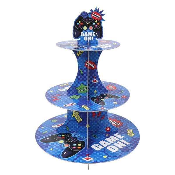3-Tier Game On Happy Birthday Video Gamer Cake Stand Neon Gaming Theme Level Up for Kids Boy Happy Birthday Party Decor Supplies