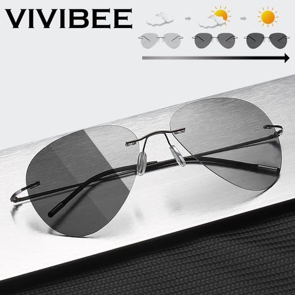VIVIBEE Polarized Photochromic Men Pilot Sunglasses Women Aviation Titanium Sun Glasses 52mm Light weight Color Change Goggles