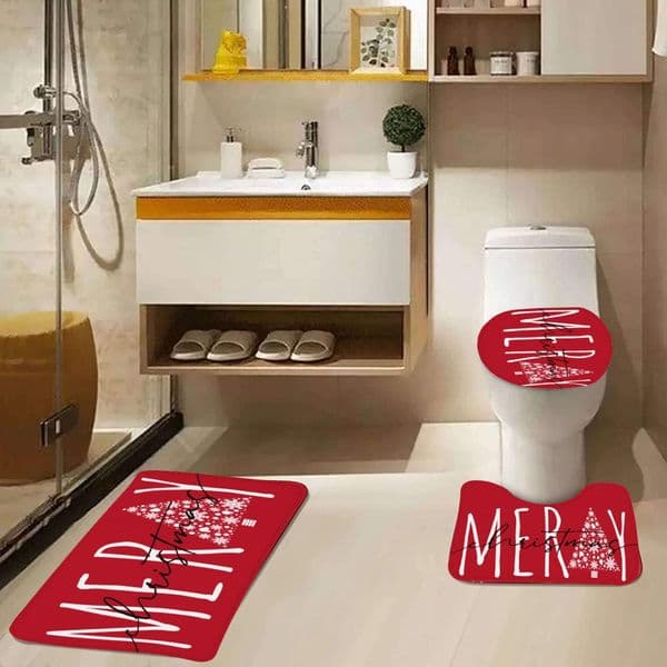 "3PCS Merry Christmas Bath Set: Red & White Xmas Tree Mats - Holiday Non-Slip, Water Absorbent U-Shaped Toilet Mat & Lid Cover"
