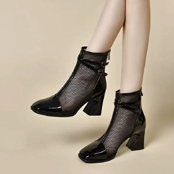 2025 Summer Must-HaveFashion Womens Hollow-out Mesh Short Boots - Patent Leather Pointed Toe Chunky Heel Breathable Shoes 250708BJ