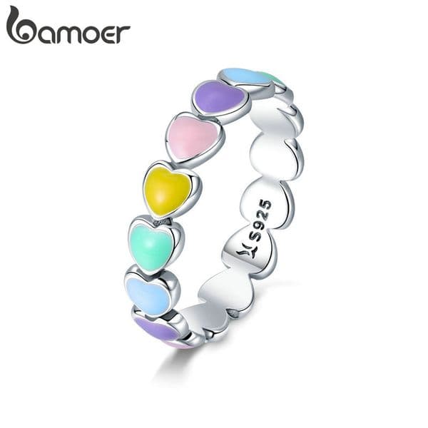 BAMOER 925 Sterling Silver Cute Rainbow Heart Finger Ring for Women Stackable Silver Ring with Mini Hearts Trendy Jewelry