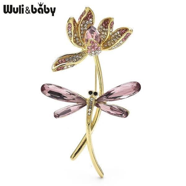 Wuli baby Elegant Dragonfly And Lotus Flower Brooches Pins For Women Party Office Brooch Gifts 250625