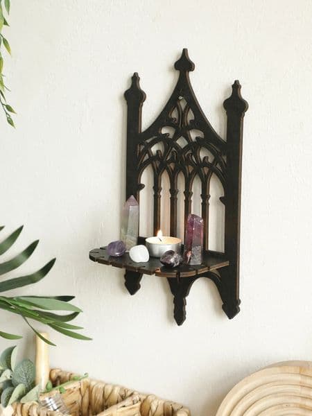 Black Gothic Wooden Shelf Wall Decor Hollow Vintage Fence shape Wall Hanging Decor Floating Shelves Crystal Holder Room Decor 250707