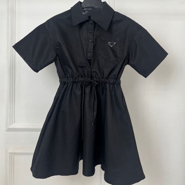 25 Summer New Nylon Turn-Down Collar Short Slve Chest Dress Drawstring Waist Black Versatile Casual Z260319