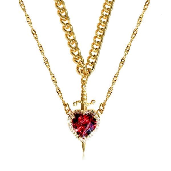 New designer New Hot-Selling Pink Crystal Heart Dagger Pendant Layered Necklace French Design Sense Women's Clavicle Chain