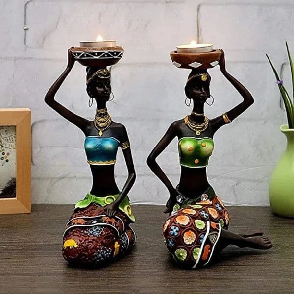 Vintage Candle Holder Resin Candlestick African Women Figurines Black Figure Statue Retro Sculpture Living Room Table Home Decor