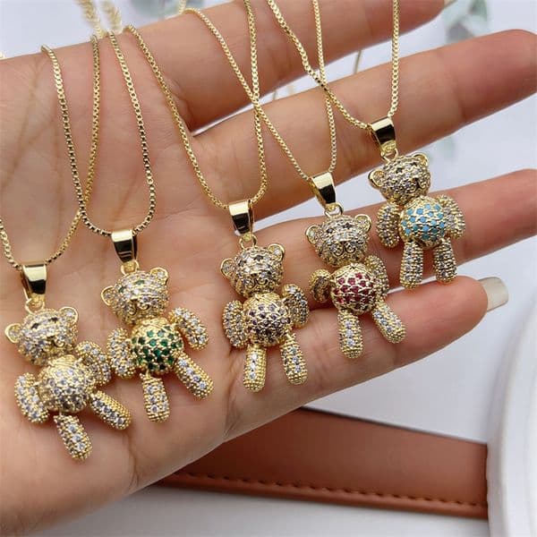 2023 Little Bear Necklace Heart Pink Crystal Pendant Animal Jewelry Party Birthday Valentines Day Gift For Women Girl Daughter