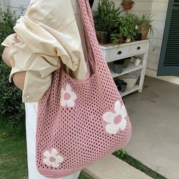 Ladies Retro Shoulder Bag Handbag for Women Ins Fashion Sweet Flower Knitted Hollow Tote Simple Large Capacity Shopping 250703BANJIA
