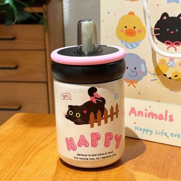 450ML Portable Thermal Water Bottle Cartoon Cat 316 Stainless Steel Vacuum Cup Portable Lid Straw Insulated Cup Car Cup M250710