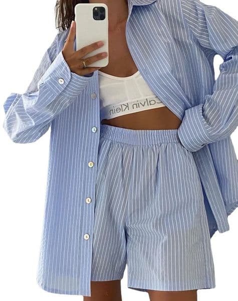 Casual Sportswear Striped Womens Twopiece Longsleeved Shirt Top Highwaisted Loose Shorts Pant Sets 250704