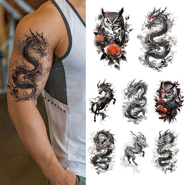 8pcs Waterproof Temporary Tattoo Sticker Flying Dragon Owl Rose Flowers Dark Animal Body Art Arm Fake Tattoos Sleeve Women Men