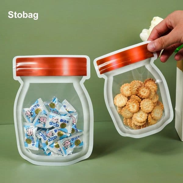 StoBag 100pcs Mason Jar Food Packaging Bags Kids Child Self-sealing Small Cute Gift for Cookies Biscuit Snack Storage Pouches